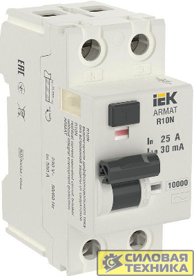 Выключатель дифференциального тока 2п 25А 30мА тип AC ВДТ R10N ARMAT IEK AR-R10N-2-025C030