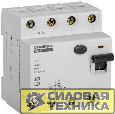 Выключатель дифференциального тока (УЗО) 4п 32А 100мА тип AC ВД1-63 GENERICA IEK MDV15-4-032-100