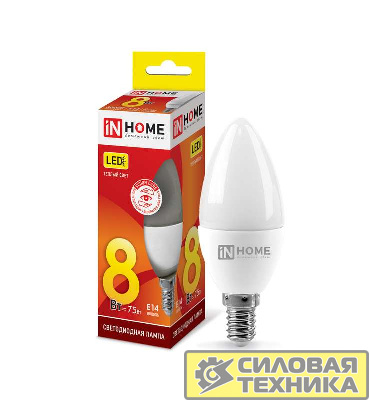 Лампа светодиодная LED-СВЕЧА-VC 8Вт 230В E14 3000К 600Лм IN HOME 4690612020426