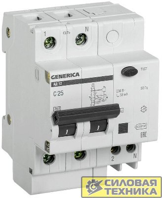 Выключатель автоматический дифференциального тока 2п 25А 30мА АД12 GENERICA ИЭК MAD15-2-025-C-030