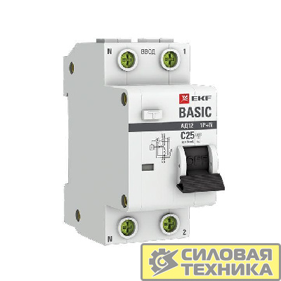 Выключатель автоматический диф. тока 1п+N C 25А 30мА тип АС эл. 4.5кА АД-12 Basic EKF DA12-25-30-bas