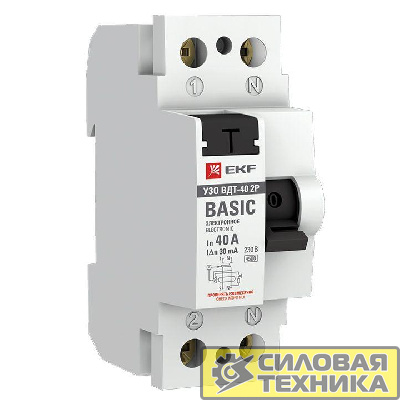 Выключатель дифференциального тока (УЗО) 2п 40А 30мА тип AC Basic электрон.EKF elcb-2-40-30e-sim